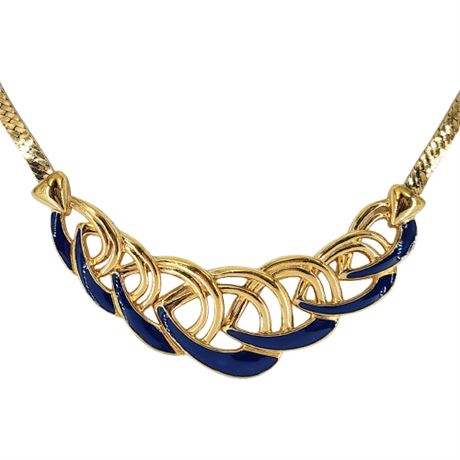 Signed Vintage TRIFARI Gold Tone Blue Enamel Knots Necklace
