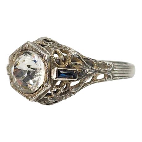Vtg Art Deco Sterling Silver Rhinestone Ring, Sz 6