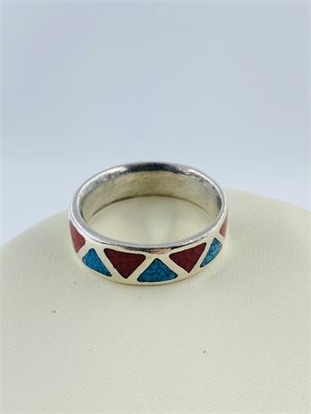 Vtg Navajo Sterling Coral + Turquoise Ring Size
