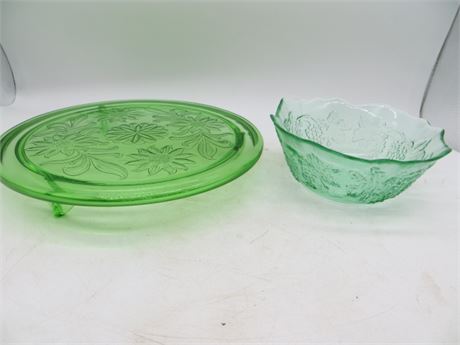 JEANETTE GREEN DEPRESSION GLASS FOOTED CAKE PLATE "SUNFLOWER/DAISY" & Bowl