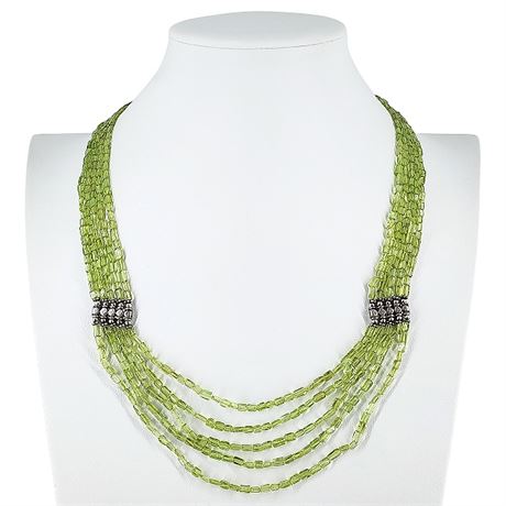 Multi-Strand Peridot Gemstone Beaded Necklace w/ Sterling Silver Accents/Clasp