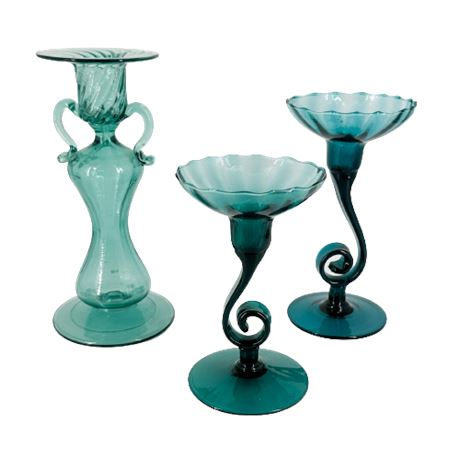 Vintage Blue Swirl Art Glass Candlesticks