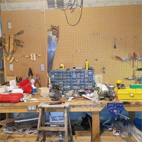 Large Tool & Hardware Lot - DeWalt Drill, Corner Clamps, Tools, Woodworking Vise