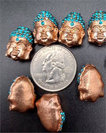 Lot of nine- gold tone blue rhinestone Buddha head beads AS-IS