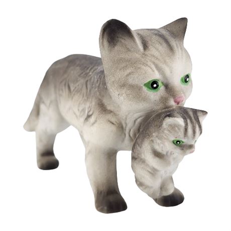 Porcelain Bisque Gray Cat & Kitten Figurine