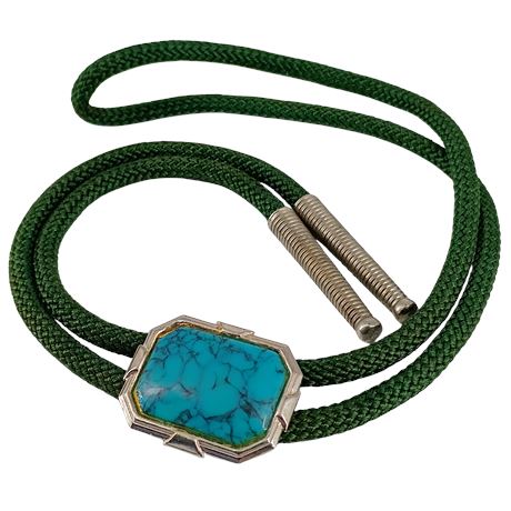 Vintage Bolo Tie with Turquoise-style Cabochon and Green Braided Cord