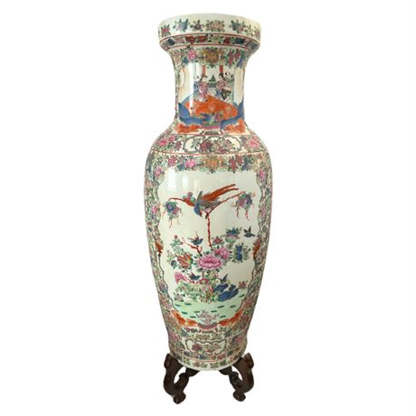 Large Chinese Porcelain Hand Painted Floor Vase & Stand