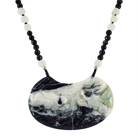 Vintage Carved Zebra Agate Rabbits Beaded Bib Necklace