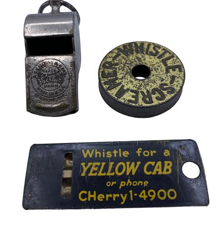 3 Vintage Whistles : Screamer, Yellow Cab