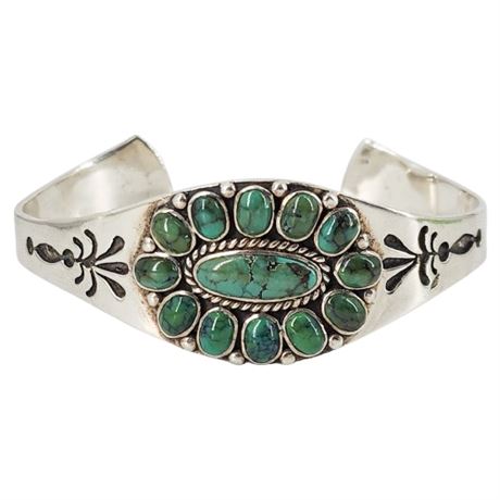Vintage Signed BP Native American Sterling Silver Turquoise Cuff Bracelet