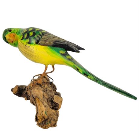 Carved Wooden Parakeet on Driftwood Base