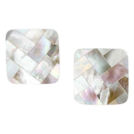 Vintage Mother of Pearl Basketweave Stud Earrings