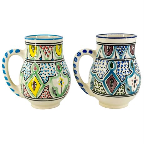 Pair of Le Souk Céramique Maila Tunisian Hand-Painted Ceramic Mugs