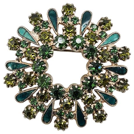 Vintage Prong Set Green Rhinestone & Enamel Wreath Brooch