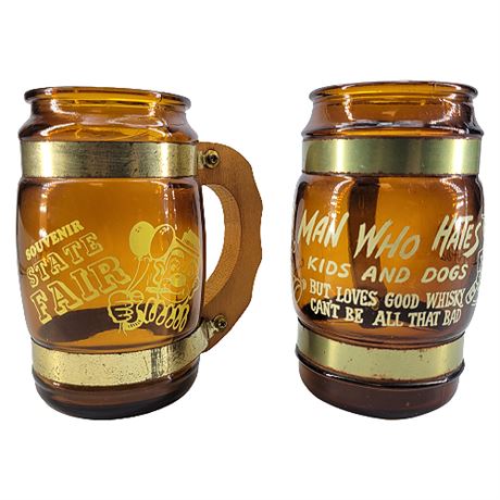 Vintage Brown Glass Mugs w/ Wooden Handles