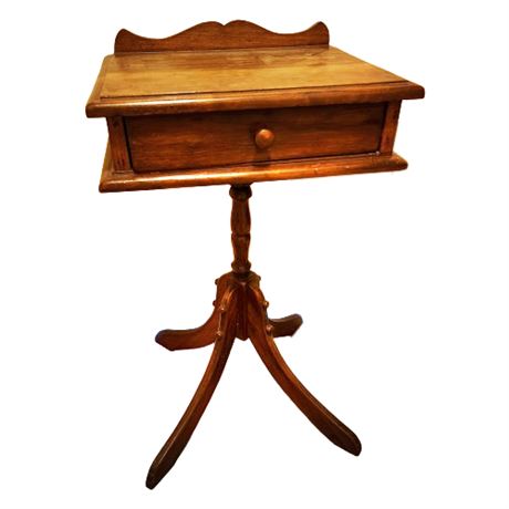 Small Vintage Walnut Pedestal Side Table w/ Drawer