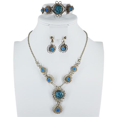 Vintage Twisted Silver Tone Wire & Teal Parure Set