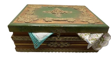 Hankies and. Goldtone design Ornate Covered box lot