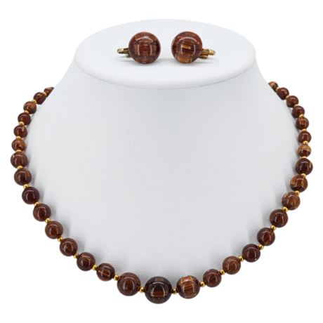 Vintage Striated Brown Lucite Bead Necklace & Clip Earrings