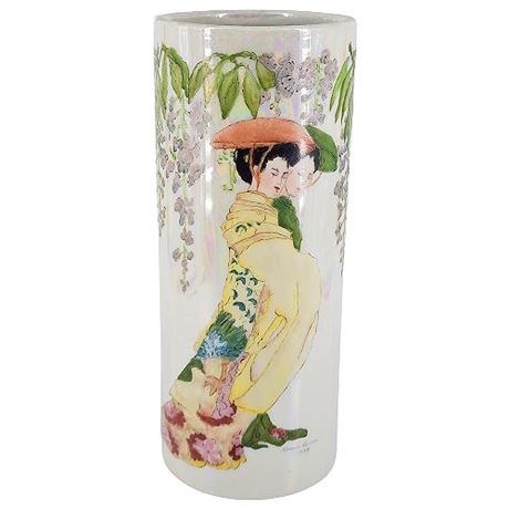 Signed Lorna Lance Hand Painted Geisha Wisteria Porcelain Vase