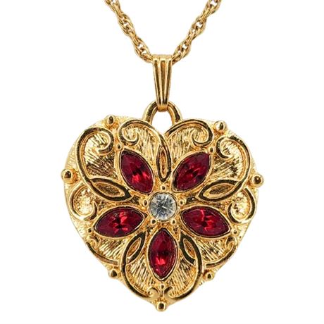 Vintage 90s AVON Gold Tone Red Rhinestone Heart Pendant Necklace