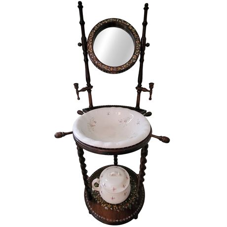 Hand-Painted Floral Antique Reproduction Mahogany English Wash Stand W/Mirror