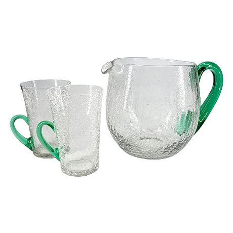 Vintage Blenko Clear Crackle Glass Pitcher & Glasses w/ Applied Green Handles