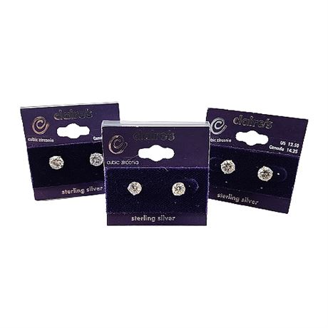 3 Pairs NEW Claire's Sterling Silver CZ Stud Earrings, 1 of 2