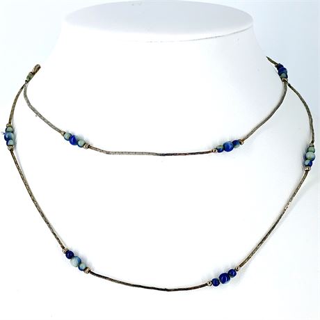 Vintage Beaded Necklace – Korea Marked | Blue & Green Beads on Flat Link Chain