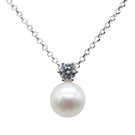 Signed HONORA Sterling Silver CZ & Cultured Pearl Pendant Necklace