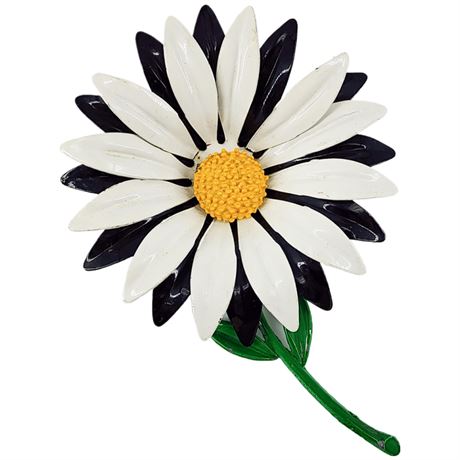 Vintage Large Black & White Enamel Flower Power Brooch