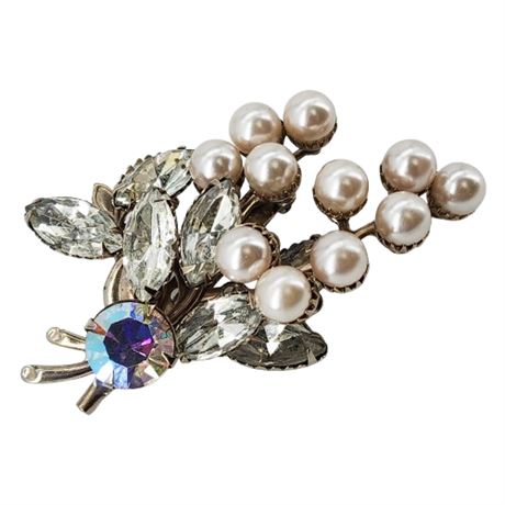 Vintage Prong Set Rhinestone & Faux Pearl Spray Brooch