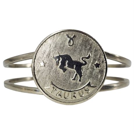 Vintage Silver Tone Taurus Zodiac Clamper Bangle Bracelet