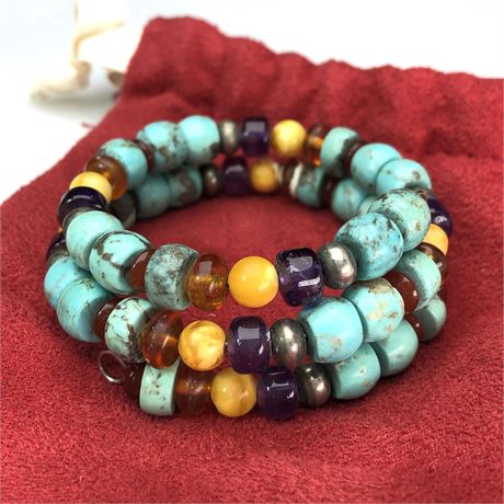 Vintage Genuine Turquoise Amber & Amethyst Stone Beaded Wire Bracelet