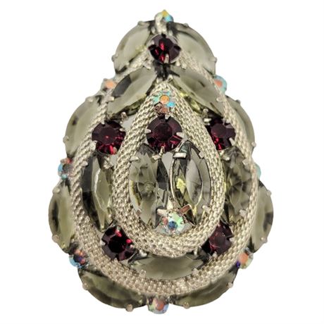 Vintage Silver Mesh and Rhinestone Brooch with Flaw
