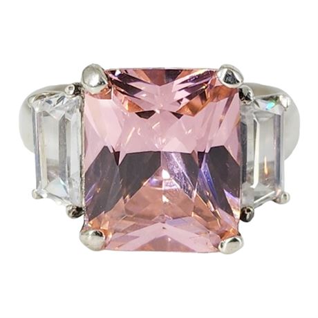 Sterling Silver Pink & Clear Crystal Ring, Sz 7