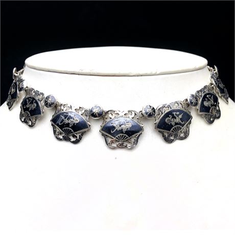 Vintage Siam Niello Enamel Thai Goddess Sterling Silver Fringe Panel Necklace