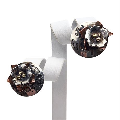 Signed Gardella Sterling Silver Flower Clip Earrings