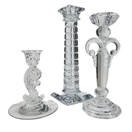 Set of 3 Glass Candlestick Holders, Fostoria, Mikasa and Duncan & Miller