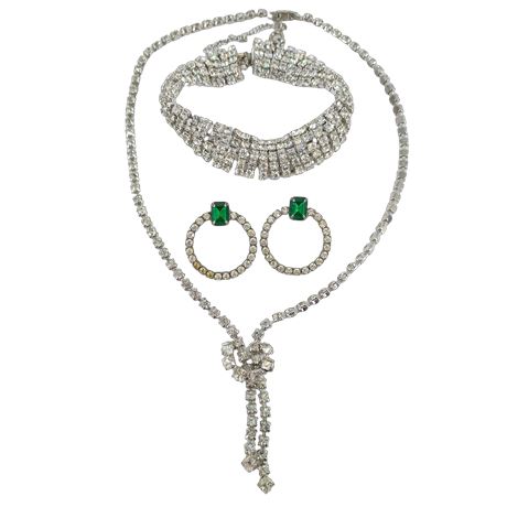 Rhinestone Set of Necklace, 5-Strand Bracelet & Earrings with Green Rhinestones