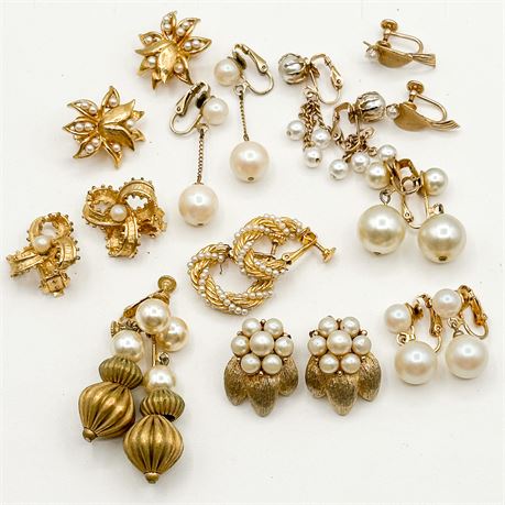 Lot of 10 Pairs Vintage Gold Tone and Faux Pearl Clip-On Earrings