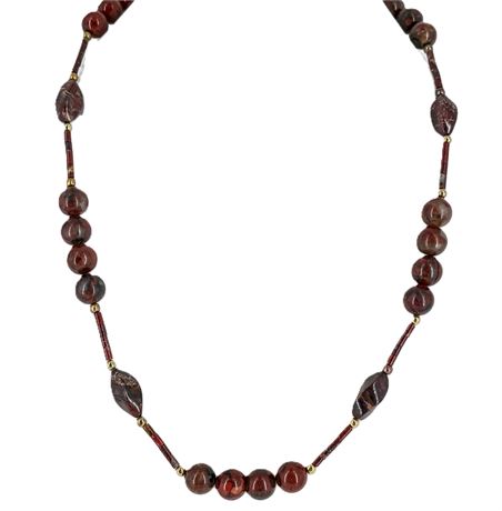Vintage Red & Black Jasper Beaded Necklace – Gold Tone Clasp – Earth Tone Stone