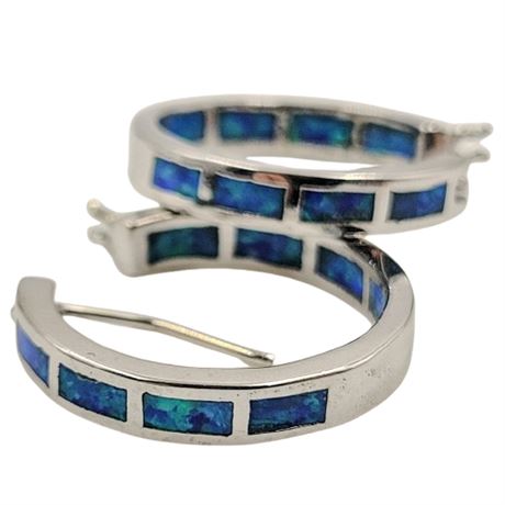 Silver Tone Lab-Created Blue Opal Hoop Earrings