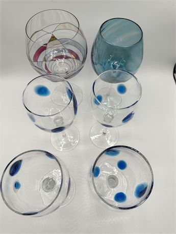 Six Mixed Blue Wine Glasses