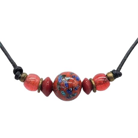 Vintage 90s Glass & Brass Beaded on Leather Cord Necklace