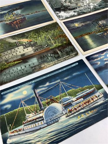 6 pc Antique & Vintage Steamship Night Scape Postcards