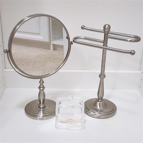 3 Piece Bathroom Lot: Hand Towel Rack, Makeup Mirror, Acrylic Q-Tip Dispenser