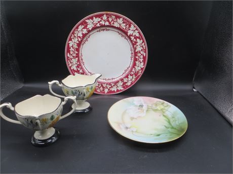 Vintage Red Leaf Floral Design Plate, Blue Ridge Cream & Sugar &