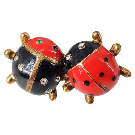Vintage Enamel & Rhinestone Ladybugs Lapel Pin
