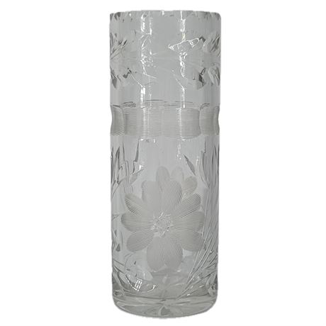 Vintage Cut Glass Floral Vase with Star-Cut Base – Etched & Engraved Design